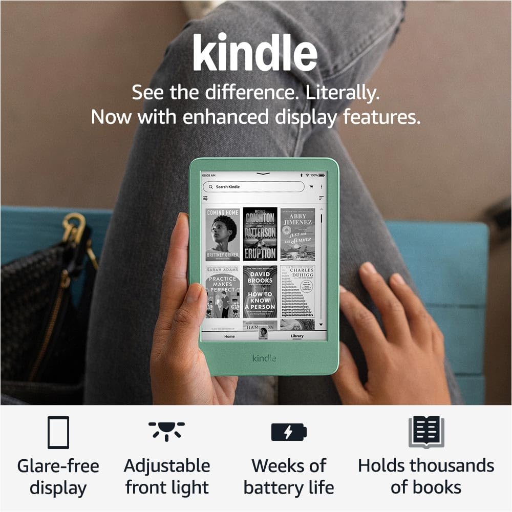 Amazon Kindle 16 GB (newest model) - Lightest and most compact Kindle, now with faster page turns, and higher contrast ratio, for an enhanced reading experience - Matcha